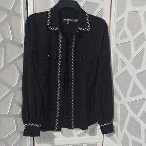Karl Lagerfeld Black Blouse with Silver Braid Trim Medium Classic